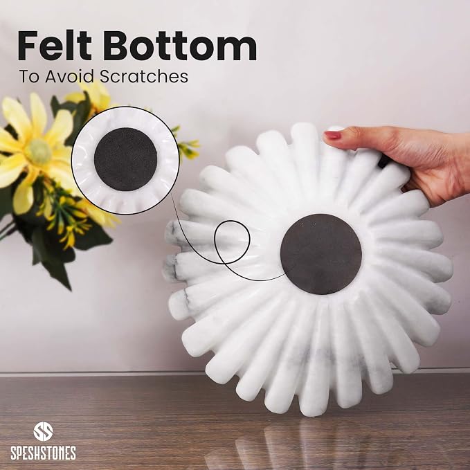 Marble Large Decorative Bowl Handmade 10 Inch White Ruffle Bowl, Scalloped Bowls for Home Decor, Modern Fruit Bowl for Kitchen Counter, Stone Fluted Bowl for Housewarming Gifts