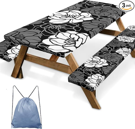 3 Piece Fitted Picnic Table Cover with Bench Covers, 72"x30" Full Elastic Edge Camping Tablecloth, Waterproof Wipeable RV Outdoor Patio Park Camping Essentials with Drawstring Bag (Flower