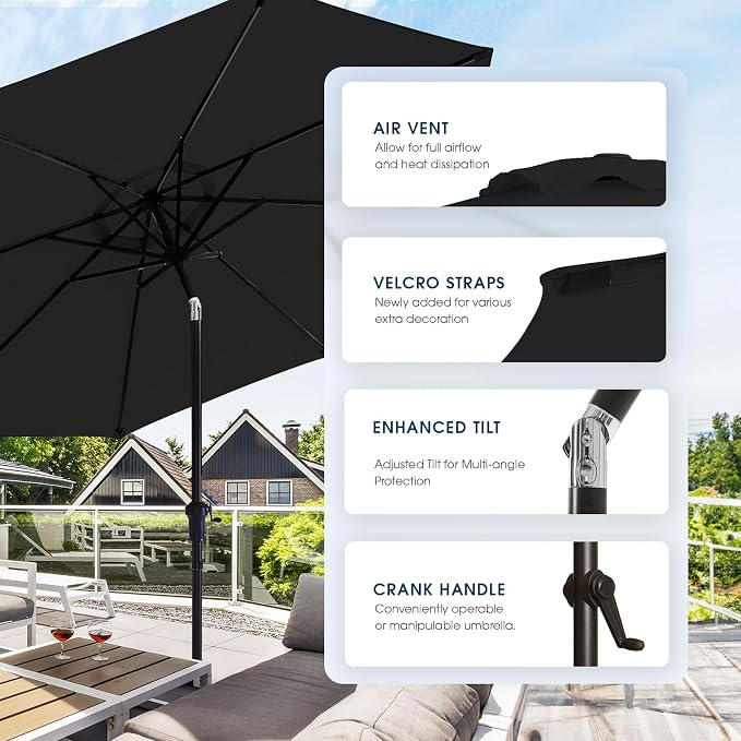 wikiwiki 10FT Patio Umbrella with Base, Outdoor Umbrellas with Base Included, 8 Sturdy Ribs, Waterproof Fade Resistant POLYESTER DTY Canopy for Deck, Lawn, Garden, Backyard & Pool, Black