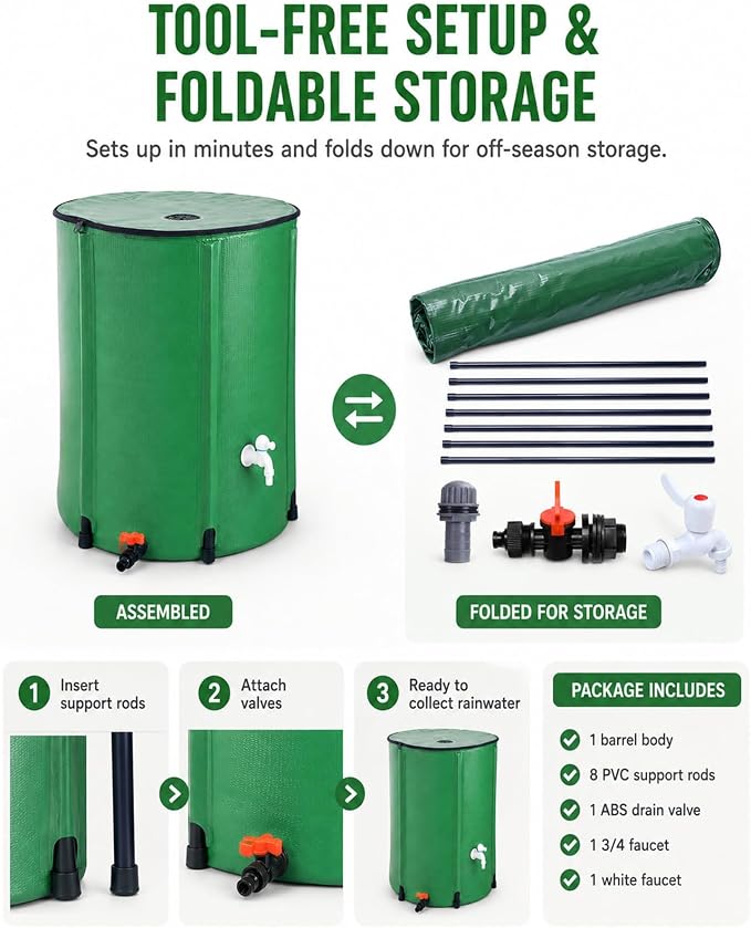 200 Gallon Collapsible Rain Barrel, Rain Water Collection Barrel System Kit, Collapsible Water Tank with 2 Spigots and Overflow Kit, Portable Rain Water Catcher for Garden, Green (2 Pack)