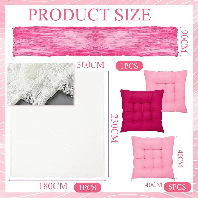 Extra Large Outdoor Picnic Blanket with Table Runner and Floor Pillow Cushion for Picnic Wedding Birthday Baby Shower Backyard Decor(91 x 71'',Rose Red,8 Pcs)