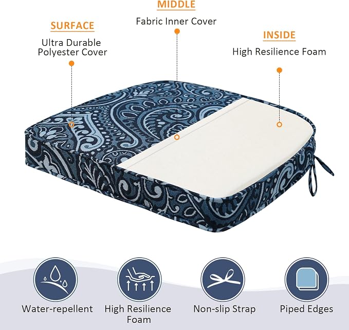 Unimatta Round Corner Seat Cushions, 17" x 16" x 2", Set of 4, Indoor Outdoor Water Repellent Universal Chair Pads with Ties for Patio Furniture, Garden Deck Dining Chairs, Damask Blue Flower