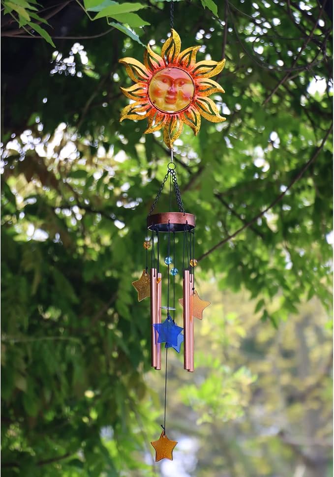 Sun Face Wind Chimes for Outside Decoration, with Star Shape Suncatcher | BVLFOOK; Wind Chimes; Hanging for Porch Patio Balcony Décor; 37 Inch; Aluminium Tubes; indoor & outdoor