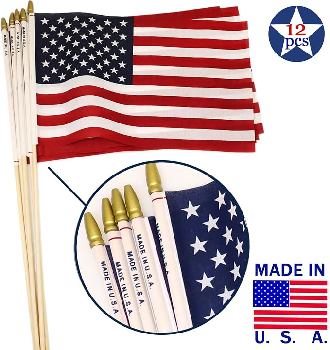 GIFTEXPRESS 12pc 12x18 Inch US Stick Flags Made in USA Printed with Spear Tip - July 4th & Memorial Day US Hand Held Decorations