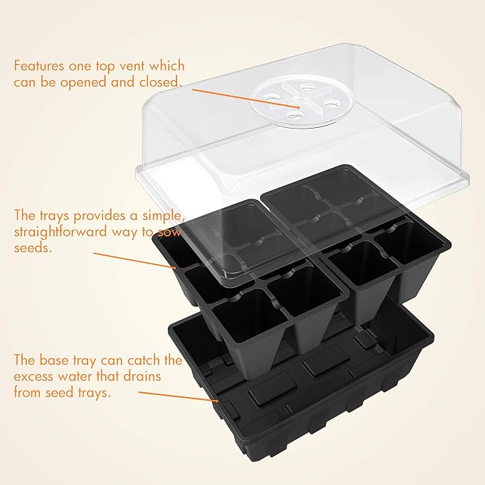 Gardzen 20 Pack Seed Starting Tray, Plant Germination Trays, Seed Starter Kit with Adjustable Humidity Vented Dome for Indoor&oOutdoor Use, Plant Growing Kit 6.6" x 4.5", Total 240-Cell, Black