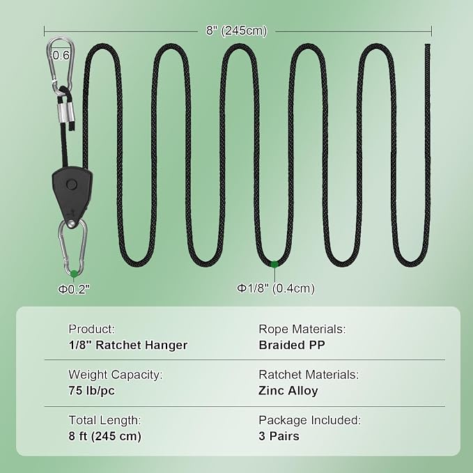 Grow Light Rope Hanger 3Pairs，1/8" 8-Feet Long Heavy Duty Adjustable Rope Clip Hanger, Adjustable Rope Ratchet Hangers 150 Lbs per Pair with Stainless Steel 2.5" S Hook