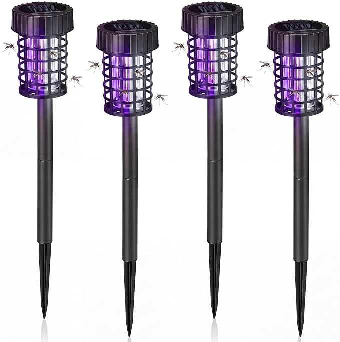 Qualirey 4 Pack Solar Bug Zapper Outdoor Waterproof Mosquito Repellent Killer Bug Zapper Lamp with LED Light for Outdoor Garden Patio Yard (White and Purple Light,Black)