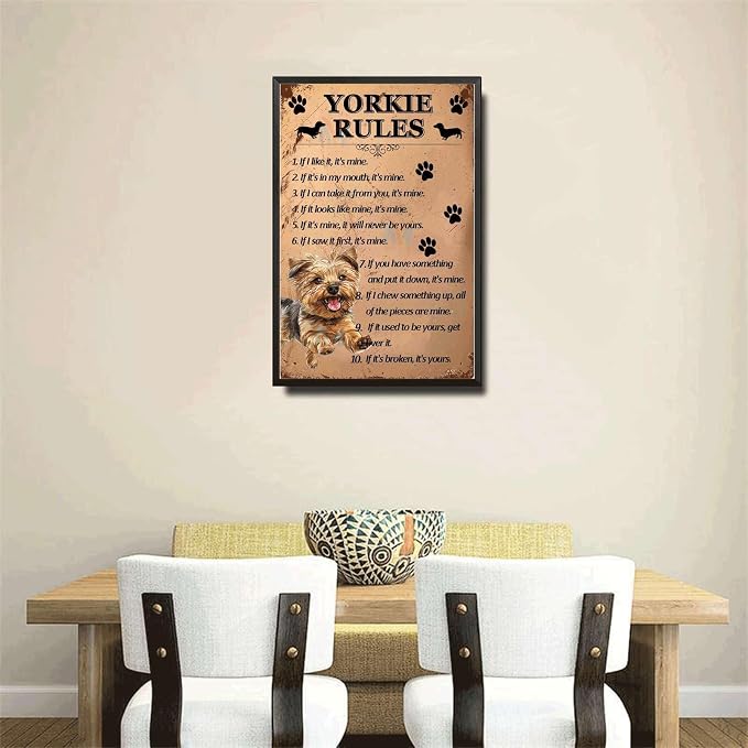 Metal Sign Tin Sign Vintage Wall Art Yorkie Rules Garden Sign for Home Decor 6×8 Inches with Metal Frame