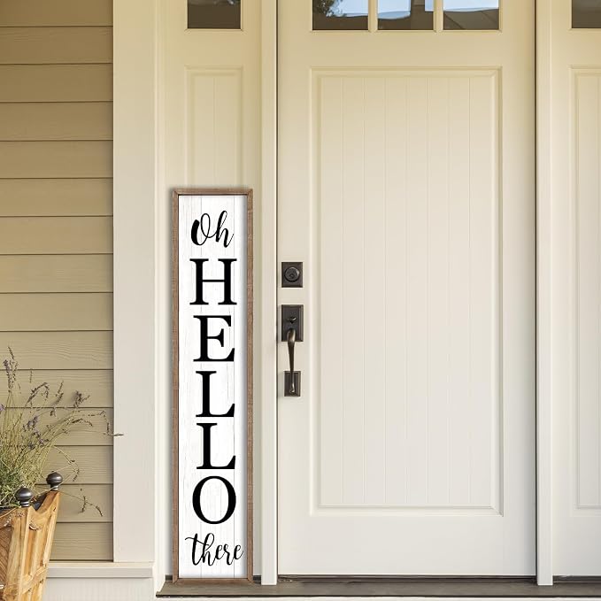 Oh Hello There Outdoor Welcome Sign For Front Porch Standing 45"X9" Large Rustic Farmhouse Vertical Tall Long Wooden Framed Outside Front Door Home Wall Decoration (Wood White)