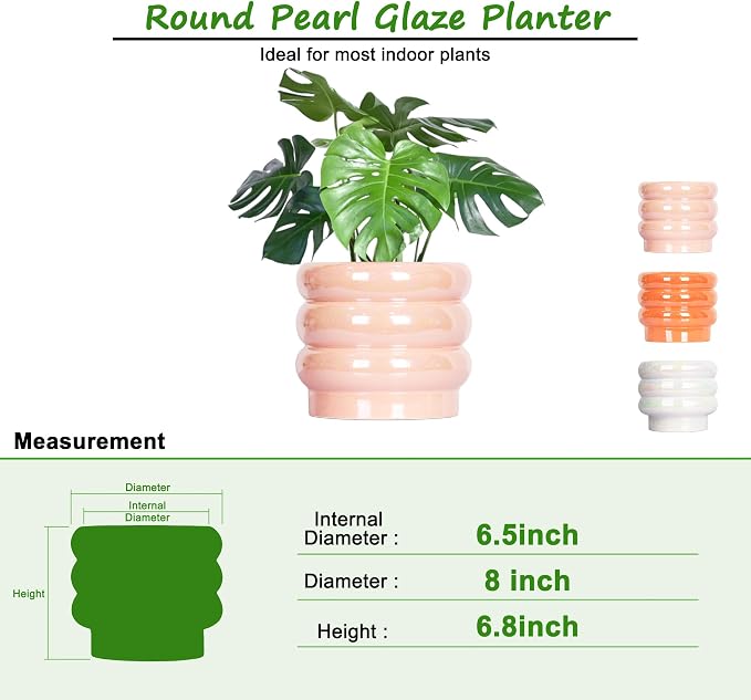 7.8 Inch Ceramic Plant Pots for Indoor Plants, Rainbow Pearl Glaze Planter with Planters for Plants with Drainage Hole, Orchid Pots, Succulent Pot, Flower Pot (Pink)