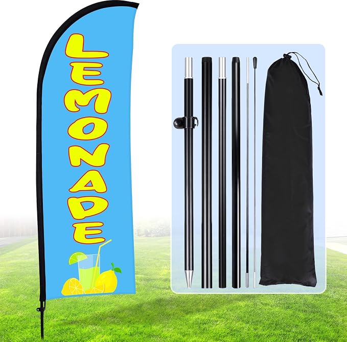 Buryeah Lemonade Feather Flag for Business Advertising 7x5.4ft Feather Flag Sign with Flagpole Ground Stake Portable Bag Lemonade Themed Banner with Rope for Outside Garden Business Party (Mint Blue)