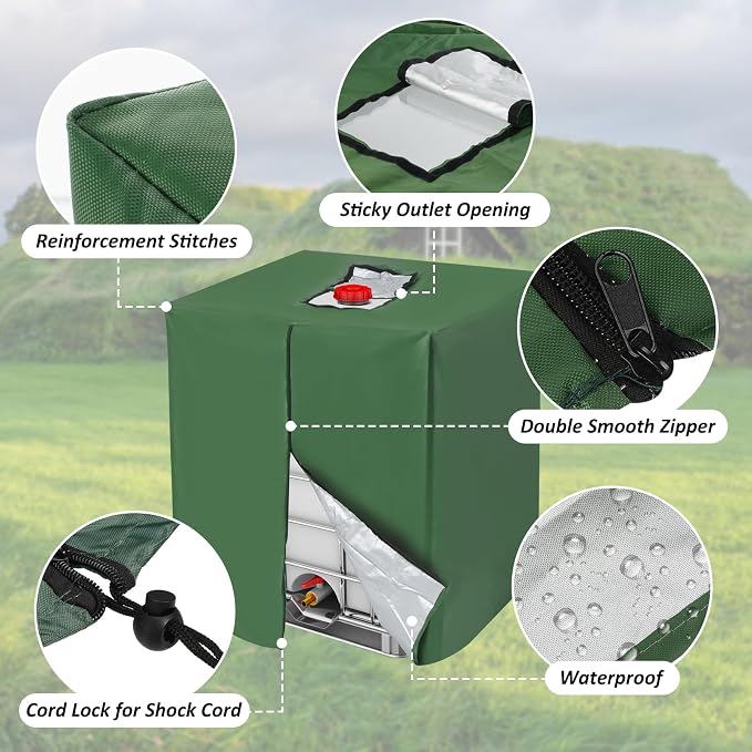 MECCANIXITY Zipper IBC Tote Cover 275 Gallon, 210D Oxford Waterproof Sunshade Rain Barrel Water Tank Protective Cover for 1000L Outdoor Garden, (39.37 x 47.24 x 45.66 Inch, Green)