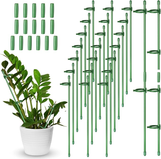 meekoo 30 Pcs 12 Inch Adjustable Plant Support Stakes for Indoor Outdoor Garden Orchid Stick Single Stem Plant Cage Support Rings with Clips and Connect Pipe for Tomato Flowers, Potted Plants (Green)