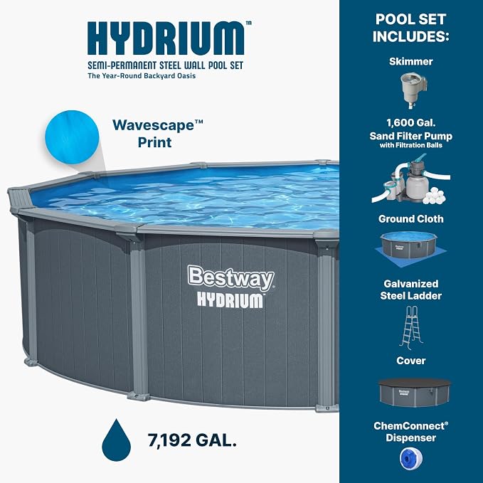 Bestway Hydrium 18' x 52" Steel Side Wall Above Ground Pool with Pump | Semi-Permanent All-Season Pool, Galvanized Steel Frame - Sand Filter Pump, Ladder, and Polysphere Filtration Balls Included