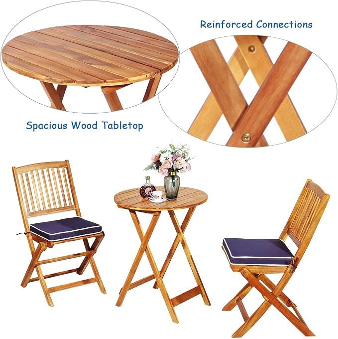 FANTASK 3 Pieces Folding Acacia Wood Bistro Set, Patio Furniture Set with Cushions & 1 Round Table, Indoor Outdoor Bistro Table and Chairs Set of 2 for Patio, Garden, Poolside, Porch, Lawn (Navy)
