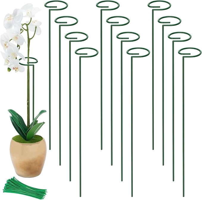Unves 16" Tall Plant Support Stakes, 12 Pack Garden Flower Plant Stakes Single Stem, Garden Plant Support Cages Rings for Amaryllis Orchid Peony Rose, with 100 Pcs Twist Ties