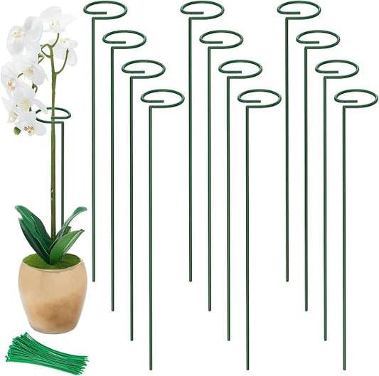 Unves 16" Tall Plant Support Stakes, 12 Pack Garden Flower Plant Stakes Single Stem, Garden Plant Support Cages Rings for Amaryllis Orchid Peony Rose, with 100 Pcs Twist Ties