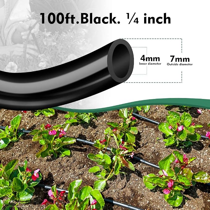 Bonviee 100ft 1/4 inch Drip Irrigation Tubing – Flexible, Durable Hose, Compatible with 1/4" Barbed Tee, Micro-Emitters & Misters, Easy Install for Home Garden Extension