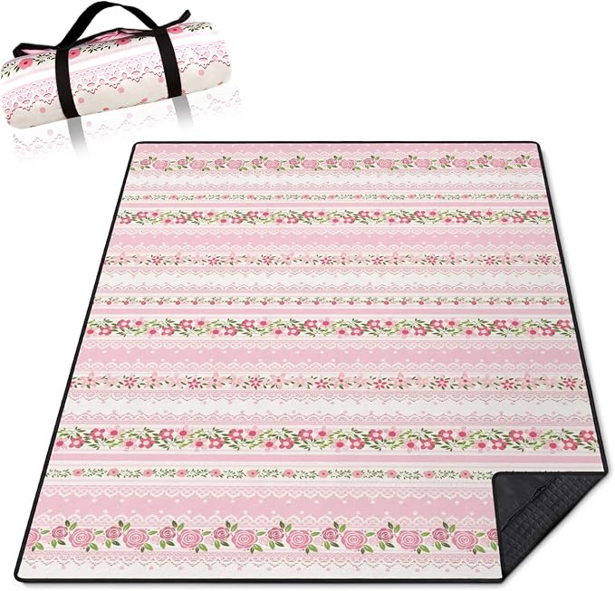 Pink Flower Picnic Blankets Waterproof Foldable, 60’‘x80'' Portable Outdoor Picnic Mat Water Resistant for Grass, Padded Lawn & Park Blanket for Camping, Hiking