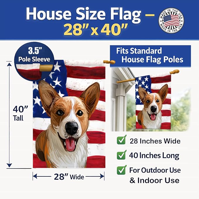 Caroline's Treasures CK6750CHF Cardigan Welsh Corgi American Flag House Flag Large Porch Sleeve Pole Decorative Outside Yard Banner Artwork Wall Hanging, Polyester, House Size, Multicolor