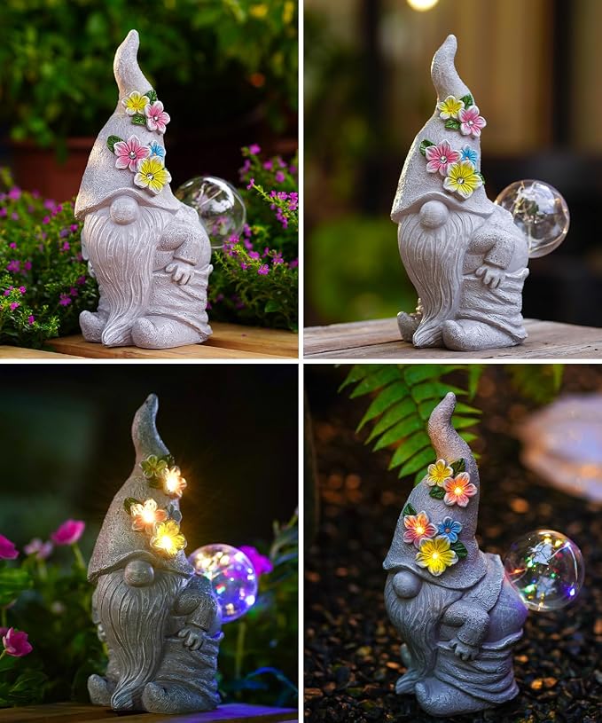 Nacome Solar Funny Gnome for Garden Decor: Durable Resin Statue All-Weather Automatic On/Off Switch Bubble Outdoor Outside Patio Porch Front Pathway - Gifts for Mom Grandma Lady
