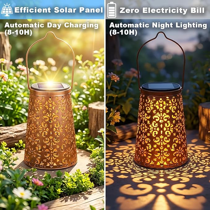 LeiDrail 4 Pack Solar Lanterns Outdoor Waterproof, Hummingbird & Flower Hanging Vintage Metal Lantern, Auto On/Off Garden Patio Yard Porch Pathway Decor, Gifts for Women Mom Grandma