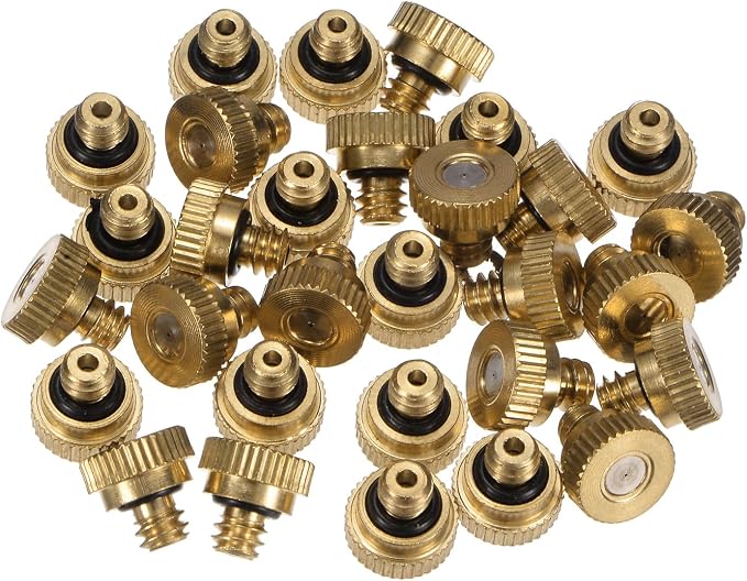 M METERXITY 30-Pack Brass Misting Nozzle, 0.008" 0.2mm Orifice 10/24 UNC O-Ring Replacement Mister Nozzles Plug Mister Heads for Garden Patio Outdoor Cooling System Low-Pressure Atomizing