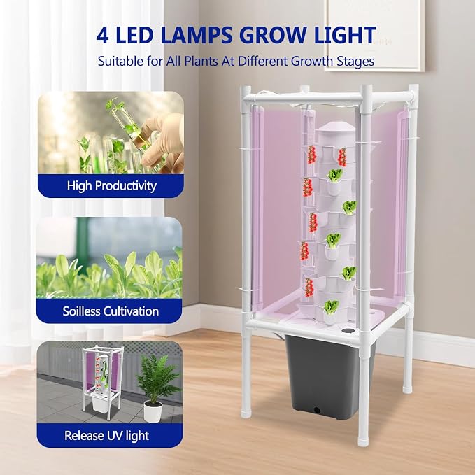 Hydroponic Tower Growing System Kits with LED Grow Lights 30 Pods Indoor Vertical Planter Germination Kit 6 Layers Hydroponic Tower for Fruits, Vegetables, Herbs, and Miniature Greens (Gray)