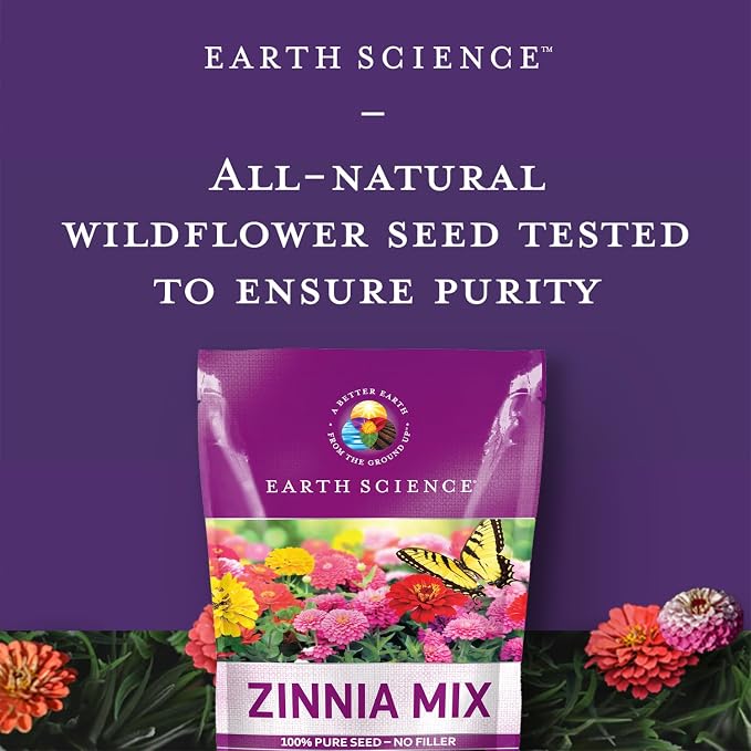 Earth Science Zinnia Seeds - 4oz, Over 12,000 Seeds, Non-GMO, No Harmful Chemicals or Pesticides, 1,000 Sq. Ft. of Vibrant Wildflower Blooms, Drought Tolerant and Easy to Grow