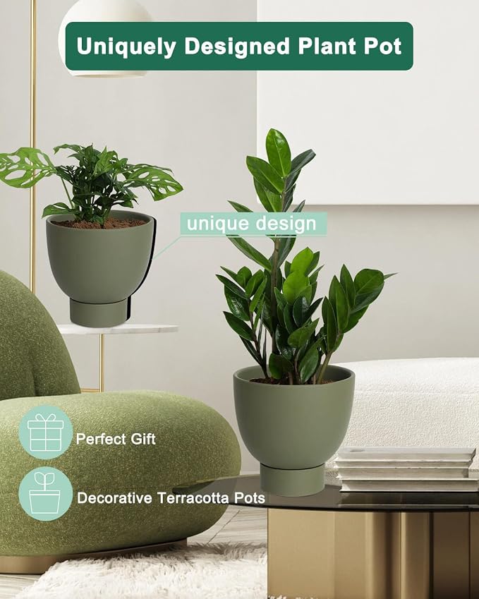 vensovo Green Terracotta Self Watering Plant Pot - 2 PCS 6 Inch & 8 Inch Terra Cotta Plant Pot with Drainage Hole and Saucer, Small & Large Clay Flower Pot with Tray, Planter for Indoor Outdoor