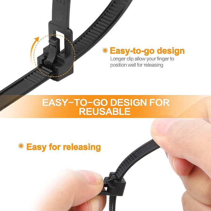 SOOOEC 100 Pack Reusable Zip Ties 12 inch Heavy Duty Outdoor UV Resistant, Releasable Black Zip Ties Indoor Round Ending No Hurt, Cable Ties Reusable Tie Wraps Non Slip Off