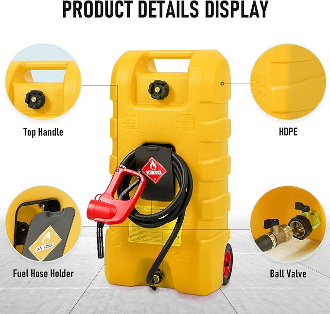 15 Gallon Gas Can, Fuel Tank Container with LE Fluid Transfer Manual Siphon Pump & 10FT Hose, Portable Diesel Gas Storage Caddy with Wheels for Car, ATV, Weeder, Boat, etc., Yellow