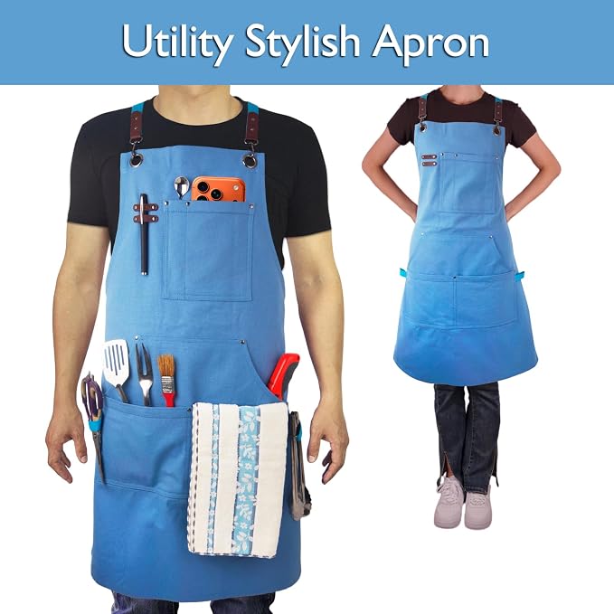 Kitchen Apron, Work Apron, Canvas Apron, SkyBlue | Multiple Pockets, Gardening, Painting, BBQ, Carpenter, Sizes M to XXL