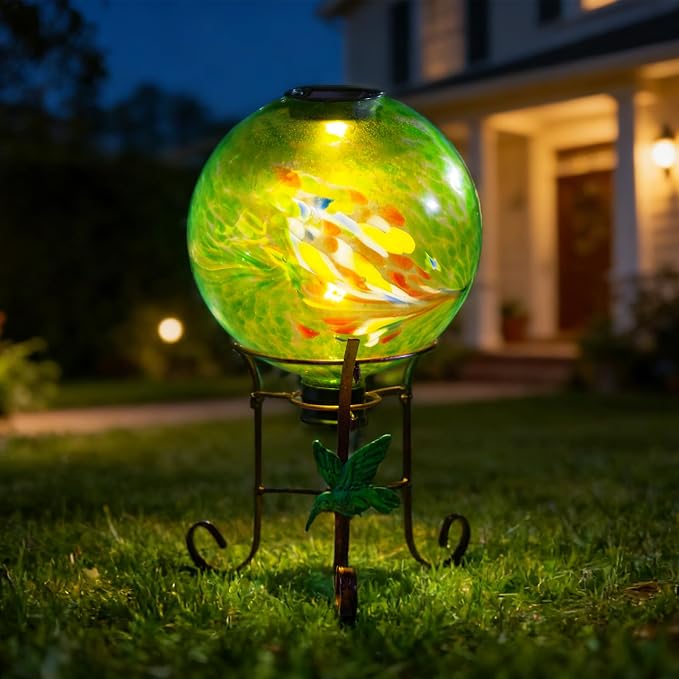10 Inch Solar Glass Gazing Ball with 9.4" H Metal Stand | Solar Globe Ball Light Display Holder Set for Outdoor Garden Lawn Yard Decoration, Green Artistic