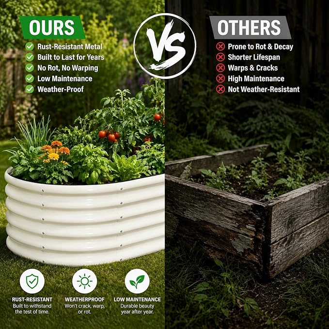 SnugNiture 4x2x1.5ft Raised Garden Bed Outdoor, 17" Tall Galvanized Metal Planter Box, Oval Raised Garden Bed Kit for Planting Vegetables Plants Fruits, Beige White