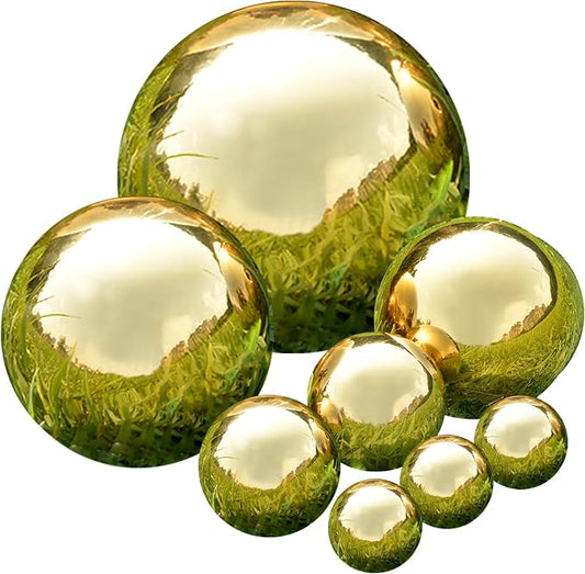 Gazing Ball Garden Mirror Outdoor - Outside Decorative Globe, Gold, 8Pcs | Metal Polished Reflective Sphere, Stainless Steel Hollow Decoration Ornament for Home Pond Swimming Pool Housewarming Gift
