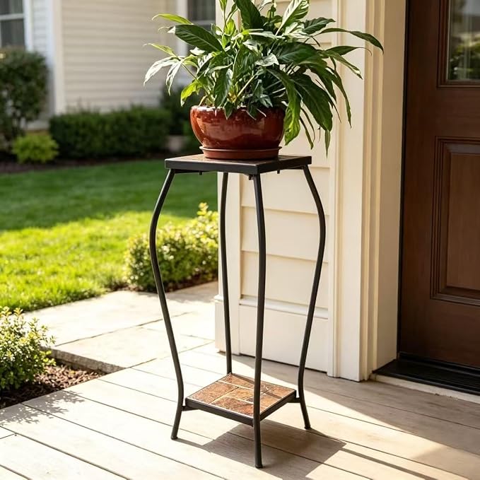 Zhongma 2 Tier 30" Tall Plant Stand with Colorful Slate Top for Balcony, Home, Garden, Backyard Patio with Adjustable Leveling Feet