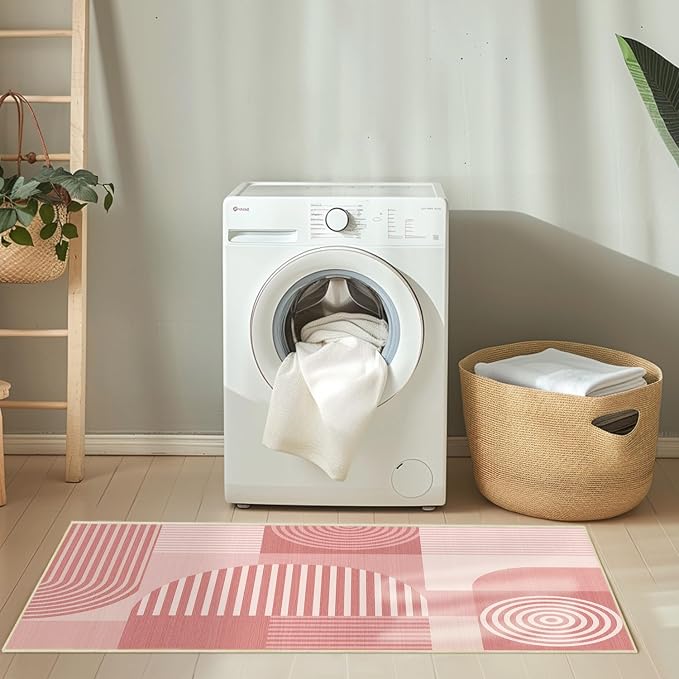 Pink Geometric Rug 2x3 for Entryway Machine Washable Mid Century Modern Rug Non Slip Low Pile Minimalist Line Rugs Door Indoor Mat Carpet for Bathroom Bedroom Kitchen Laundry,Pink