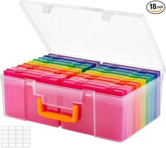 ALINK Photo Storage Box 5" x 7" with Handle, 18 pcs Inner Photo Containers Organizer and Craft Keeper, Portable Picture Case with Label for Seed, Arts, Crafts, Sewing, Stickers, Office - Colorful