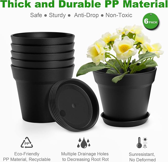 6 Pack Plastic Plant Pots with Drainage Holes and Tray, 7 inch Thickened Indoor Planters Seedlings Nursery Pots for Flowers, African Violet, Succulent and All House Plants, Black