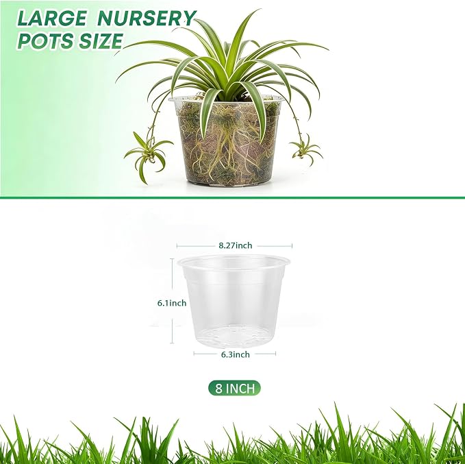 10 Pack 8 Inch Large Clear Nursery Pots with Drainage Hole, Plastic Plant Pots for Seedlings Flowers Vegetables, Indoor Outdoor Gardening, Used as Liners Inside Decorative Pots (8 inch)