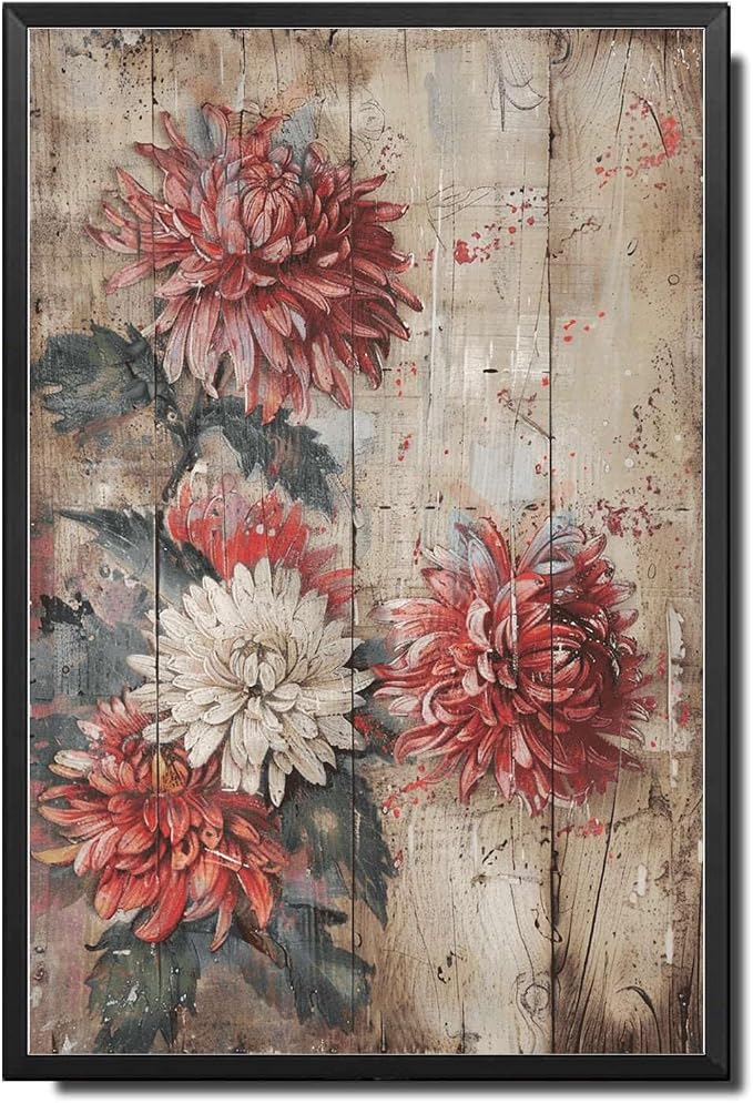Metal Sign Tin Sign Vintage Rustic Chrysanthemums Tin Sign for Distressed Wood Surfaces Vintage Aesthetics and Corrosion Resi Bathroom Signs for Home for Home Decor 6×8 Inches with Metal Frame