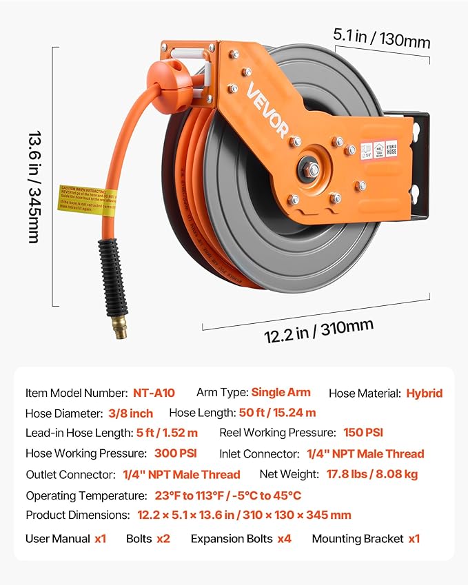 VEVOR Retractable Air Hose Reel, 3/8 Inch x 50 FT Hybrid Air Hose Max 300PSI, Auto Rewind Air-Compressor Hoses Reel with 5 ft Lead in, 180° Swivel Ceiling/Wall Mount for Garage Workshops