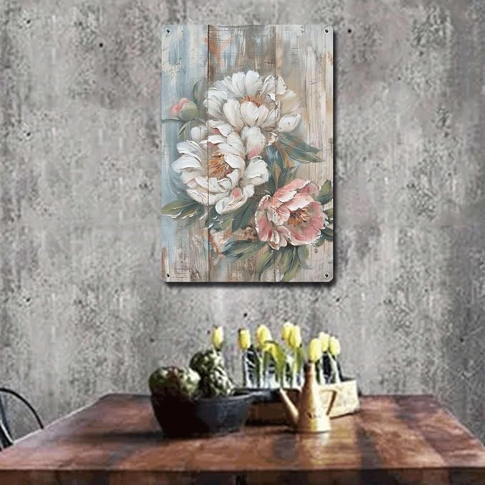 Metal Sign Tin Sign Vintage Wall Art Rustic Display Peony Tin Sign for Easy Installation Weather Resistant Design and Vintage Grandeur Garden Tin Sign for Pub 8×12 Inches