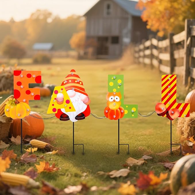 Fall Yard Decor Outdoor Autumn Harvest Garden Stakes with LED Light Squirrel Gnome Letter Pumpkin Yard Sign with Stakes Fall Thanksgiving Decoration for Home Outside Lawn Garden Holiday Decor