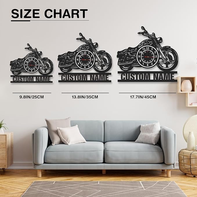 Personalized Large Outdoor Clock, Custom Motorcycle Wall Clock with Name, Modern Metal Wall Art, Battery Operated, Silent Non Ticking Clock for Garage Workshop Farmhouse Man Cave, Gifts for Men
