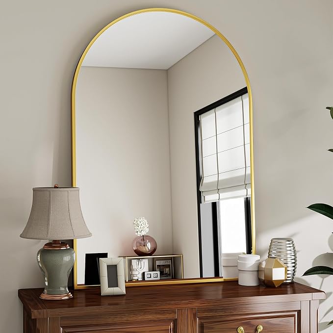 Arched Wall Mirror, 26 x 41 inch Arch Bathroom Mirror, Wall Mounted Vanity Mirror with Arch Metal Frame, Modern Bathroom Vanity Mirror for Bedroom, Living Room, Hanging or Leaning, Gold