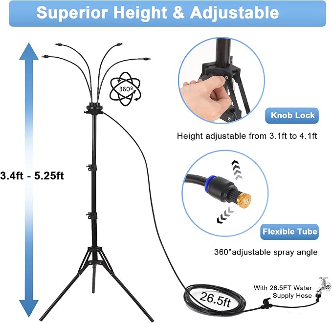 5.25FT Standing Misters for Outside Patio, Adjustable Misting Cooling System with 26.5FT Water Supply Line, Portable Outdoor Mist Hose for Backyard, Garden, Pool, Tanning, BBQ, and Water Playing