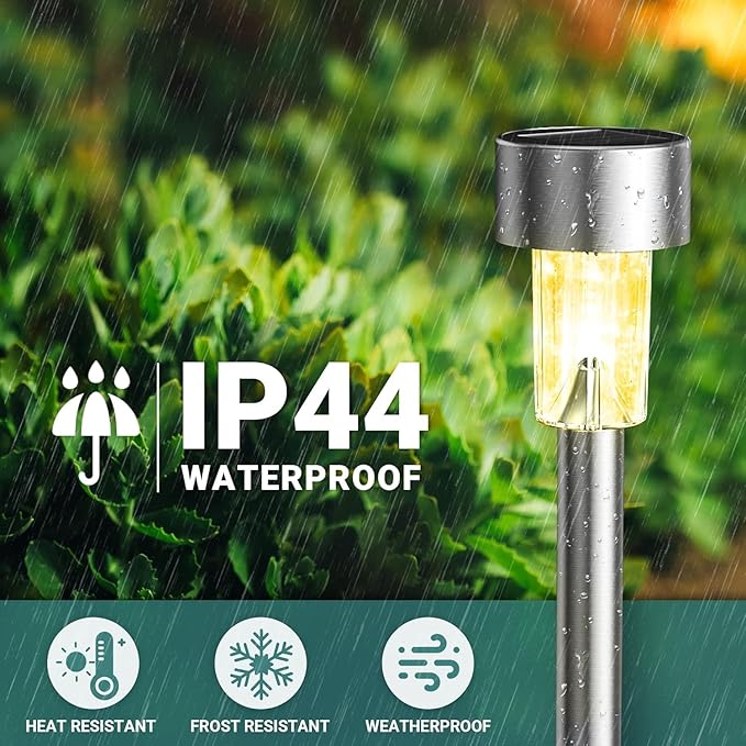 GIGALUMI 16 Pack Solar Lights Outdoor Waterproof,Stainless Steel LED Solar Garden Lights, Solar Pathway Lights Outdoor, Outdoor Solar Lights for Yard, Patio, Lawn and Landscape(Warm White)