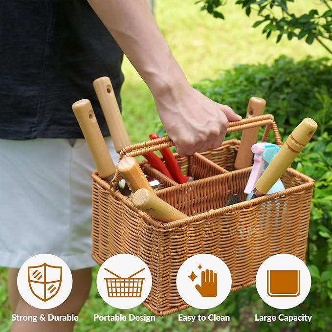 SOLIGT 8 Piece Garden Tools Set with Basket, Gardening Gifts for Women Men | Heavy Duty Stainless Steel Pruning Shears, Trowels, Weeder, Rake, Garden Hand Tools And Gloves With Wood Handles